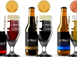 Las tres variedades de la cerveza Arriaca premiadas en Barcelona en 2020.