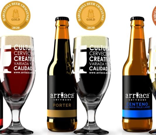 Las tres variedades de la cerveza Arriaca premiadas en Barcelona en 2020.
