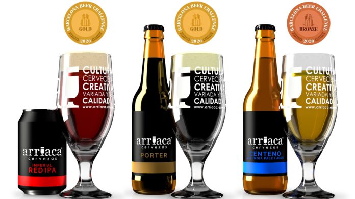 Las tres variedades de la cerveza Arriaca premiadas en Barcelona en 2020.