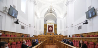 Sesión extraordinaria de las Cortes de Castilla-La Mancha el 2 de mayo de 2020.