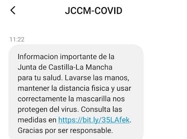 Mensaje recibido este viernes en todos los teléfonos móviles de Castilla-La Mancha.