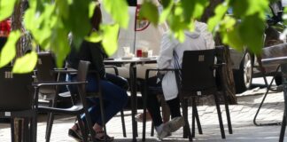 Clientes en una terraza, sobre una acera de Guadalajara, en junio de 2020. (Foto: La Crónic@)