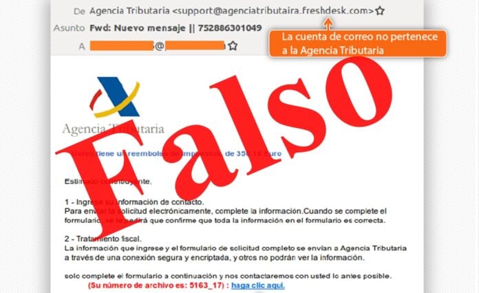 Ejemplo de pishing a cuenta de la Agencia Tributaria.