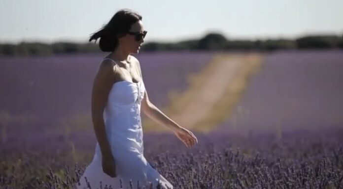 Tamara Falcó, con un fondo de campos de lavanda, en Brihuega.