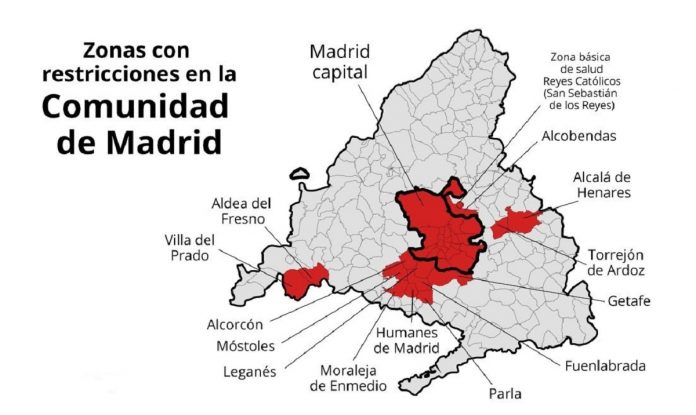Zonas de Madrid con restricciones a la movilidad desde el 2 de octubre de 2020. (Infografía: EP)