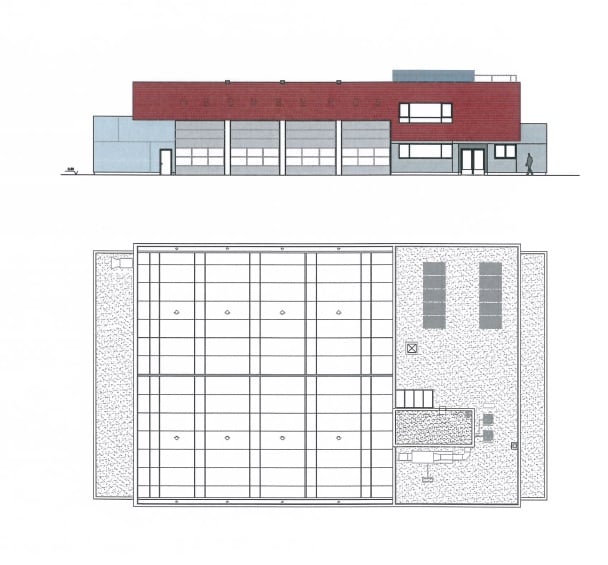 Alzado y planta del futuro parque de bomberos de Sacedón.