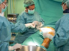 La doctora Guerra y parte de su equipo, en el quirófano, durante una operación de cirugía vascular.