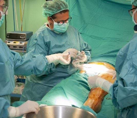 La doctora Guerra y parte de su equipo, en el quirófano, durante una operación de cirugía vascular.