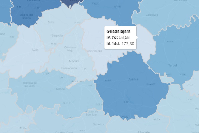 Mapa de la incidencia acumulada el 26 de noviembre de 2020, con los datos de Guadalajara.