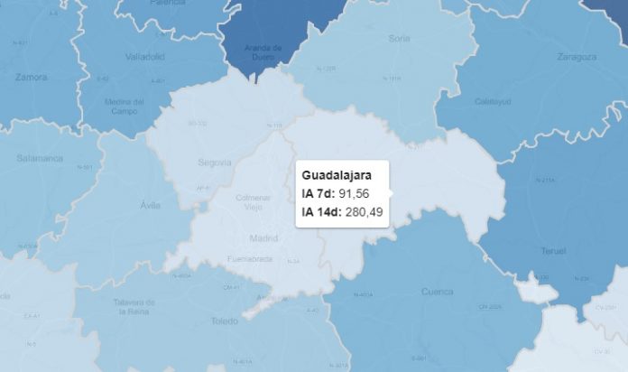 Estado actual de la pandemia en el centro de España, con los datos de Guadalajara resaltados.