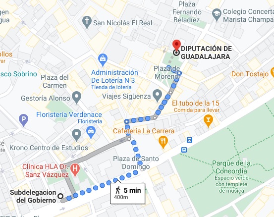 distancia que separa la Diputación de Guadalajara de la Subdelegación del Gobierno.
