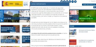 Pantalla inicial de la web del SEPE, con un anuncio sobre el ataque informático sufrido.