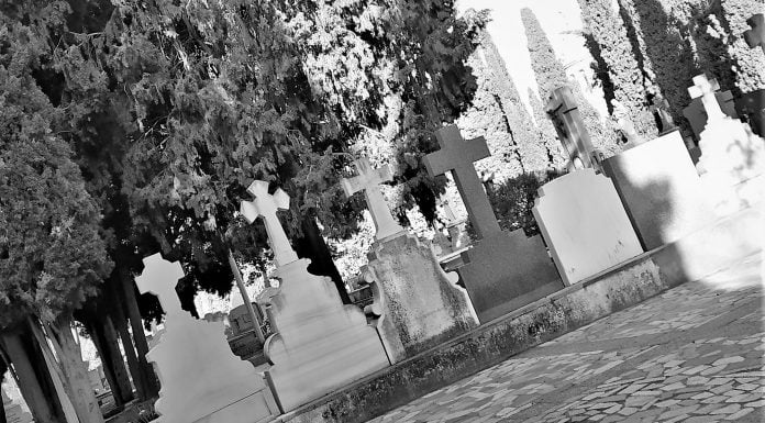 ¿Morirse es demasiado fácil en Castilla-La Mancha? Algo así sostiene Vox Sepulturas en el cementerio de Guadalajara, el 4 de abril de 2021. (Foto: La Crónic@)
