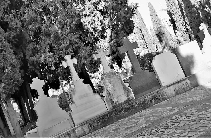 ¿Morirse es demasiado fácil en Castilla-La Mancha? Algo así sostiene Vox Sepulturas en el cementerio de Guadalajara, el 4 de abril de 2021. (Foto: La Crónic@)