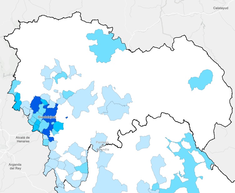 Semana 11 de 2021 en la provincia de Guadalajara. Sólo se contemplan los casos de COVID en los municipios de más de 500 habitantes. (Fuente: Junta de Comunidades)
