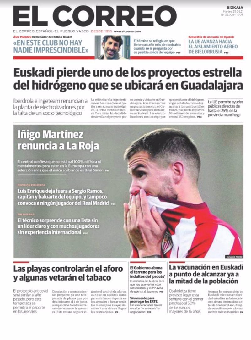 El diario "El Correo" se lamenta este martes a toda plana de la pérdida del proyecto de la planta de hidrógeno, que se construirá en Guadalajara.