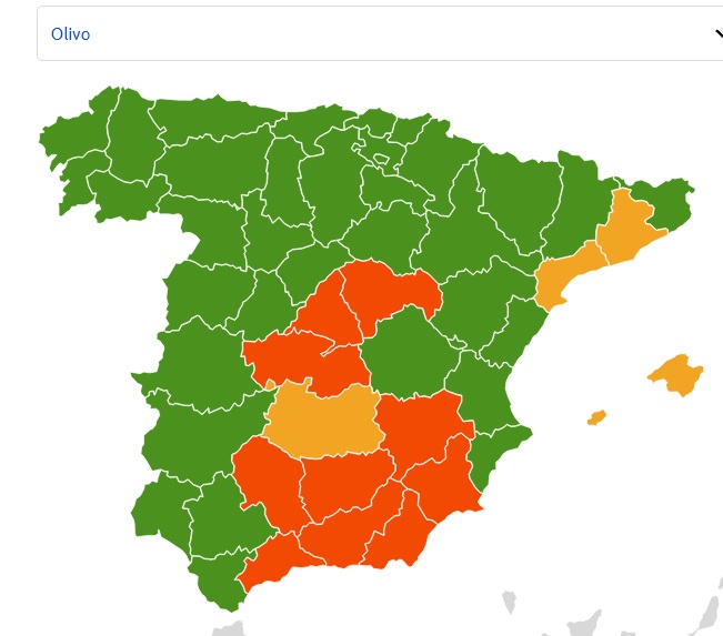 Alergia al polen del olivo en España en esta semana, según eltiempo.es