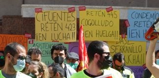 Protesta de los trabajadores de GEACAM en Guadalajara el 24 de mayo de 2021. (Foto: La Crónic@)