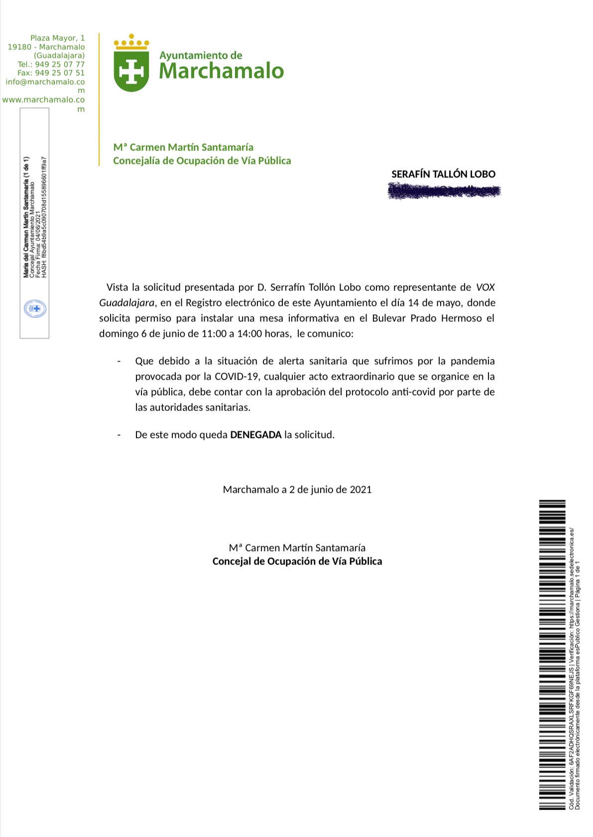 Oficio remitido desde el Ayuntamiento de Marchamalo a Vox denegándoles la ocupación de vía pública.