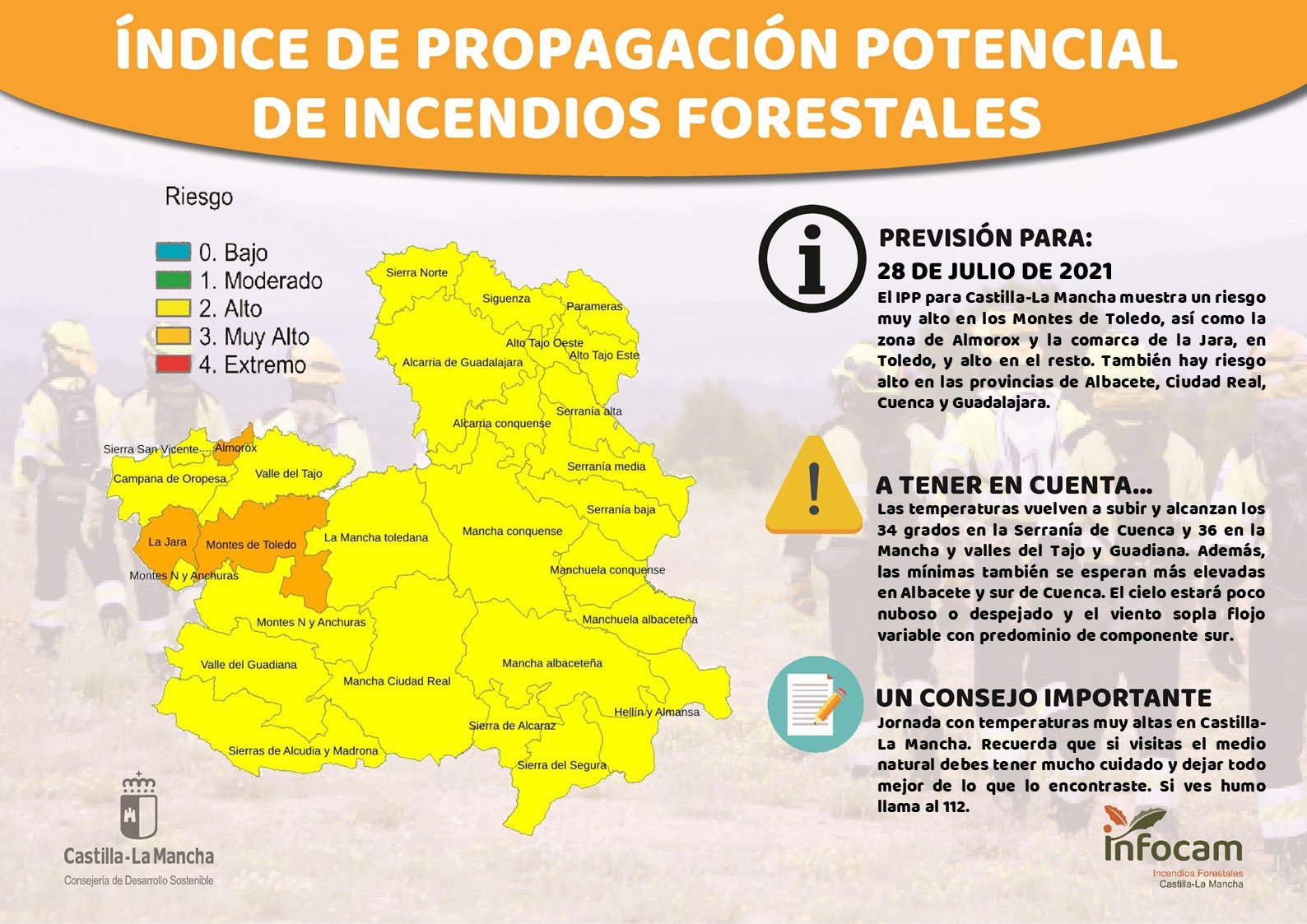 El índice de propagación de incendios forestales era considerado "alto" en toda la provincia de Guadalajara este miércoles, 28 de julio de 2021. (Fuente Infocam)