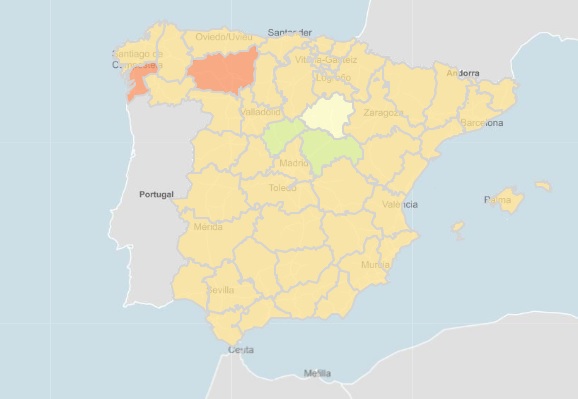 Llo ideal es estar en verde y sólo se da ese caso en Guadalajara u en Segovia, lo que denota que el resto está en fase ascendente de contagios.