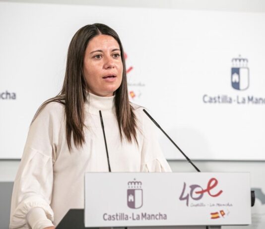 La consejera de Bienestar Social, Bárbara García Torijano, ante los periodistas en el Palacio de Fuensalida.