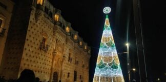 Árbol gigante de Navidad frente a la fachada del Palacio del Infantado en diciembre de 2021. (Foto: La Crónic@)