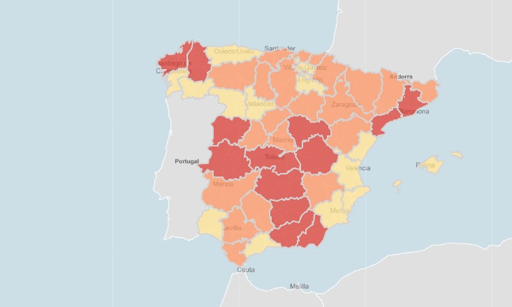 Razón de tasas el 3 de enero de 2022. Las provincias en rojo son las que peores datos tienen, con mayores incrementos de la incidencia del COVID. (Fuente: Instituto Carlos III)