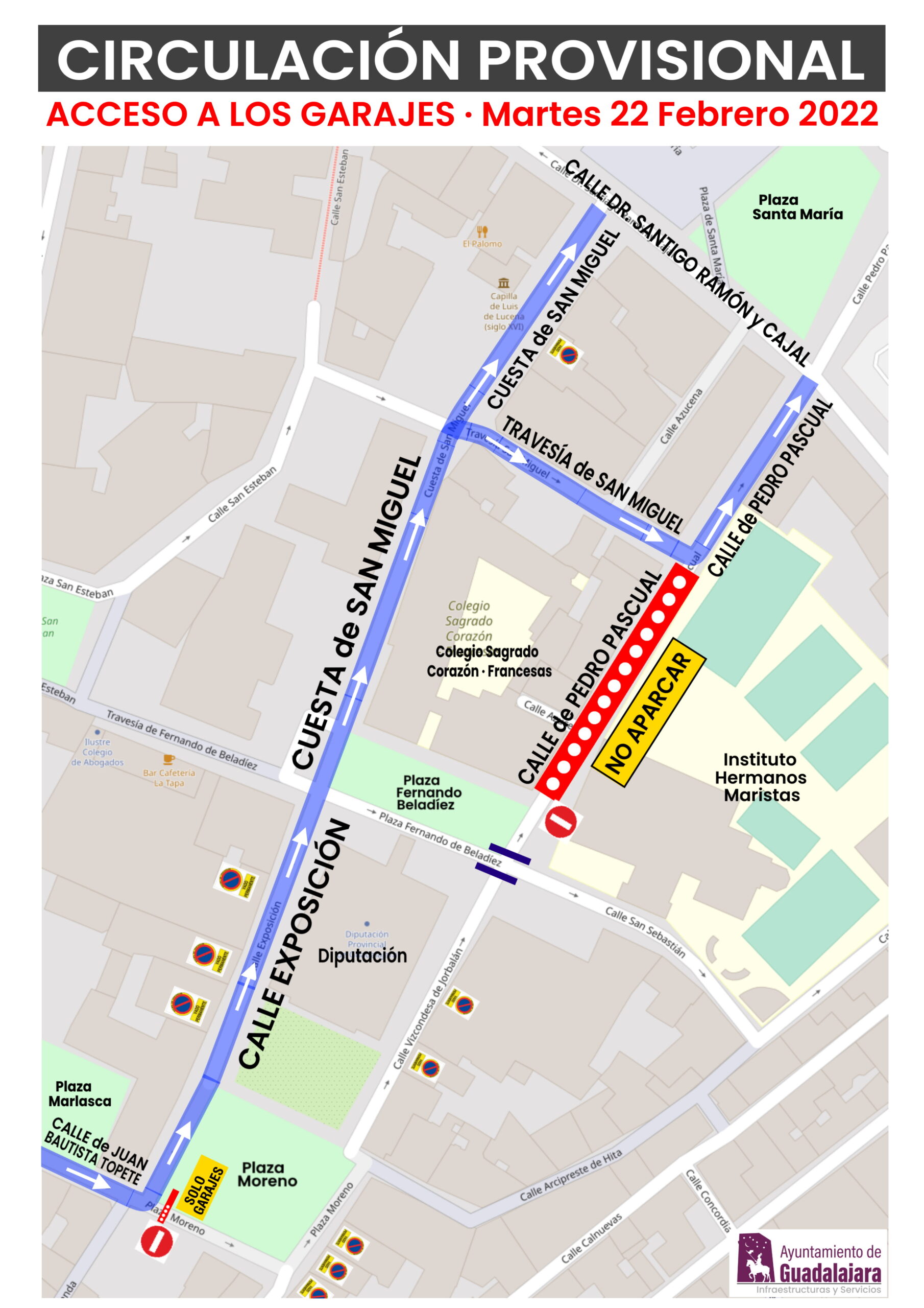 Croquis que explica los cambios en la circulación en las calles próximas a Maristas y Francesas en febrero y marzo de 2022.