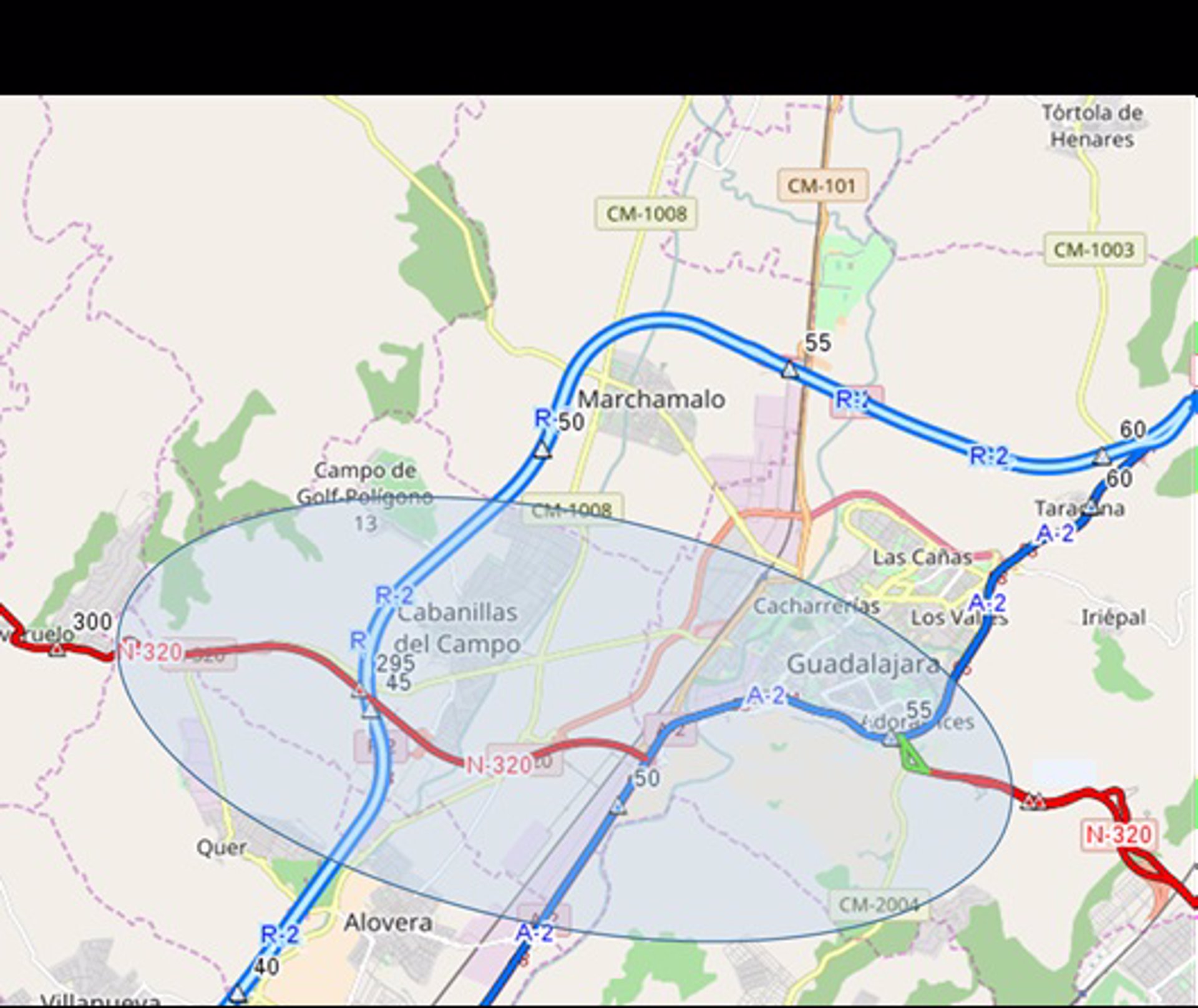 Vista general de la zona sobre la que se quiere actuar, que afecta tanto a la A-2 como a la N-320 entre Guadalajara y Cabanillas del Campo.