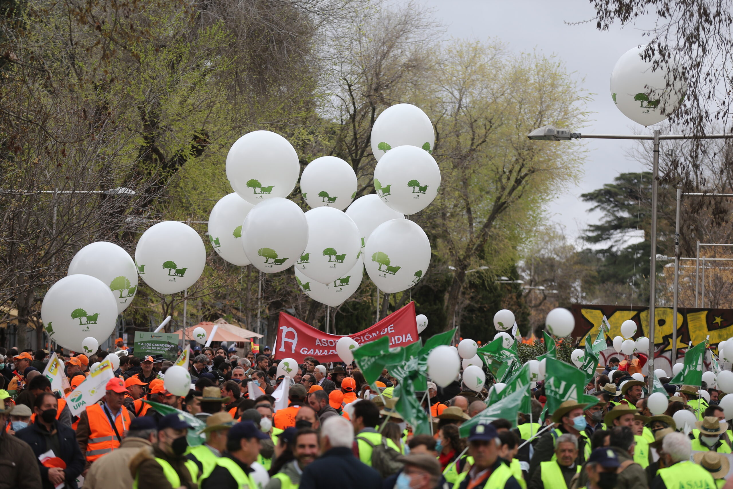 Manifestantes, con banderas y globos blancos, en la marcha ‘20M’. (Foto: Isabel Infantes / EP)
