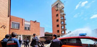 Agentes de Policía y bomberos durante las prácticas con medios reales realizadas en el parque de Guadalajara.