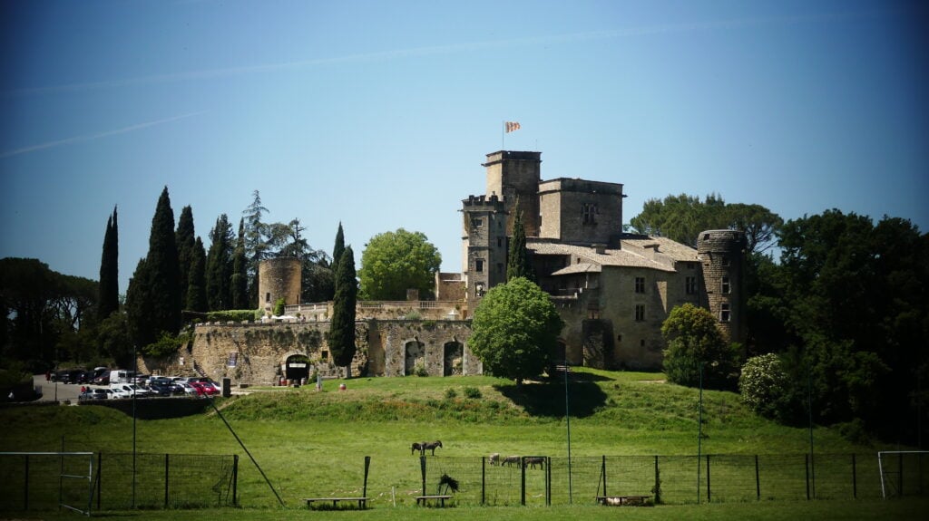 El castillo de Lourmarin (Francia) mientras unos asnos pacen tranquilamente a sus pies. (Foto: La Crónic@)