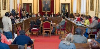 Así ha sido durante mucho tiempo el salón de plenos del Ayuntamiento de Guadalajara, que cambió primero a muchos de los que aparecen en la foto y ahora sustituirá también decoración y mobiliario. La imagen es de noviembre de 2008. (Foto: Jesús Ropero)