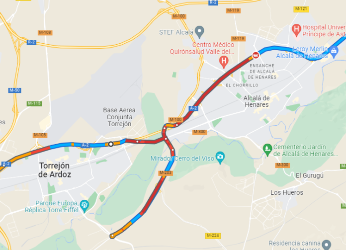 Estado del tráfico en la A-2 el martes, 28 de junio de 2022, entre Alcalá y Torrejón. (Fuente: Google Maps)
