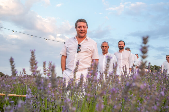 García-Page, seguido de otros cargos políticos, por los campos del Festival de la Lavanda, en Brihuega, el 16 de julio de 2022.