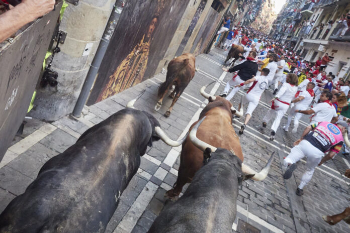 Los toros de Cebada Gago han provocado momentos de auténtico escalofrío en el encierro de este lunes en los sanfermines. (Foto: Eduardo Sanz / EP)