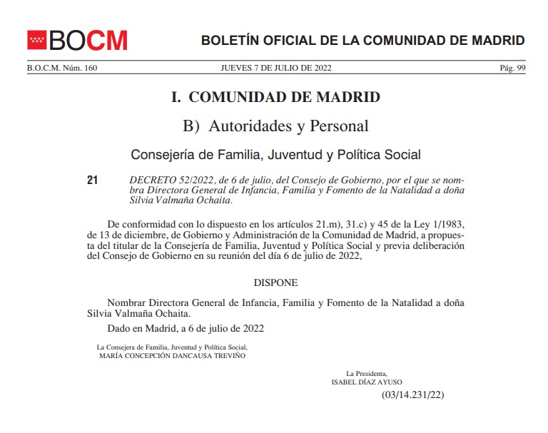 Decreto del nombramiento de Silvia Valmaña en la Comunidad de Madrid.