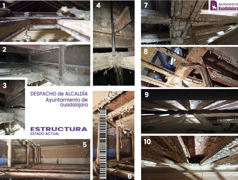 Estado del espacio que se ocultaba por encima del despacho de Alcaldía en el Ayuntamiento de Guadalajara, fotografiado por los técnicos municipales.
