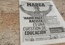 El diario "Marca" en la barra de un bar el 21 de septiembre de 2022, contra el racismo. (Foto: La Crónic@)