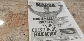 El diario "Marca" en la barra de un bar el 21 de septiembre de 2022, contra el racismo. (Foto: La Crónic@)