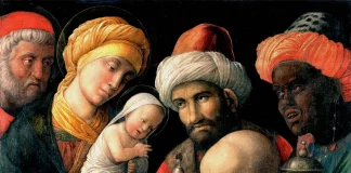 La adoración de los Reyes Magos, según Andrea Mantegna.