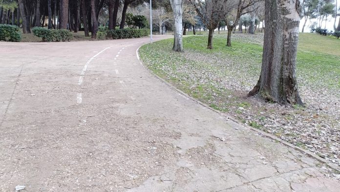Desconchado y descolorido tramo de carril-bici en el parque de la Constitución el 24 de enero de 2023. (Foto: La Crónic@)