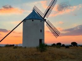 El sorprendente molino manchego de Viñuelas, recortado contra el cielo de la Campiña de Guadalajara. (Foto: Ayuntamiento de Viñuelas)