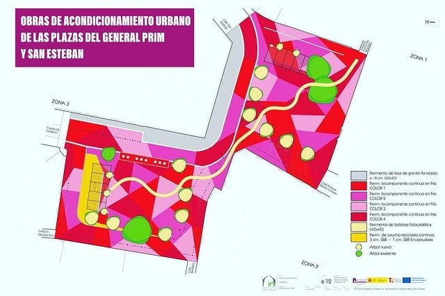 Este es el pavimento y la distribución de árboles y mobiliario urbano que se plantea para las plazas de San Esteban y Prim. (Fuente: Ayuntamiento de Guadalajara)