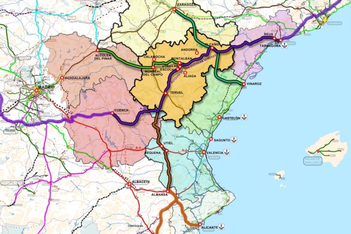 Mapa del nuevo entramado de autovías propuesto por Teruel Existe y que incluye el noreste de la provincia de Guadalajara.