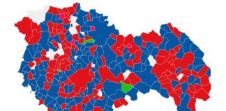 Resultado del 23-J en Guadalajara por municipios: en rojo, el PSOE; en azul, el PP; en verde, Vox; en blanco, los empates.