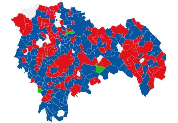 Resultado del 23-J en Guadalajara por municipios: en rojo, el PSOE; en azul, el PP; en verde, Vox; en blanco, los empates.