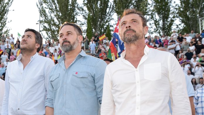 López Maraver, Abascal y Javier Toquero en el mitin de Vox este 15 de julio en Guadalajara.