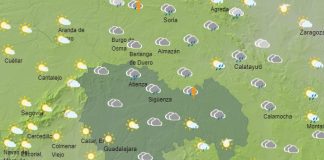 Previsión de tormentas en el norte de la provincia de Guadalajara, hacia las tres de la tarde del lunes, 3 de julio de 2023, según Aemet.